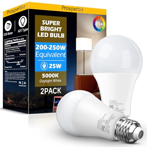 200-250 Watt Equivalent LED Light Bulb, A21 Super Bright LED Light Bulbs 25W, High Output 3050 Lumens, E26 Daylight White 5000K for Home, Office, Store, Garage, Warehouse, Garden, 2-Pack