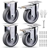 5 Inch Castets Set of 4 Heavy Duty Caster Wheels with Brake 3000Lbs Swivel Rigid TPR Rubber Wheel Silent Castor Locking Industrial Plate Casters Wheels for Cart Furniture Workbench, 2 Fixed & 2 Brake