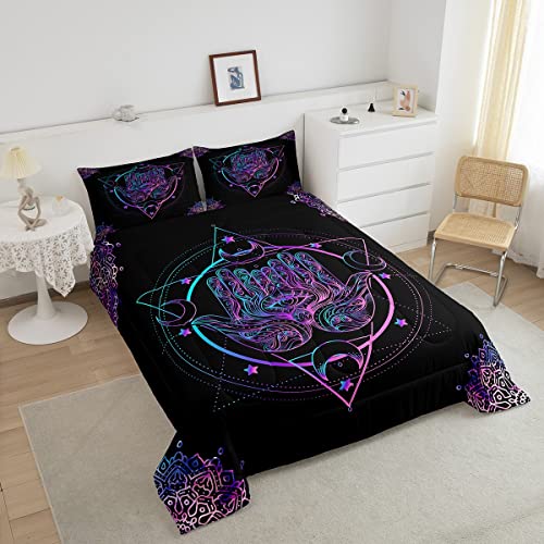 Manfei Bohemian Comforter Set Queen Size Psychedelic Hamsa Hand Quilt Set Boho Mandala Bedding Comforters 3Pcs For Kids Boys Girls Room Decor, Exotic Moon Star Print Duvet Insert With 2 Pillowcases #TOP2