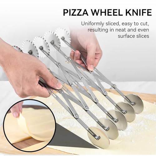 Miniatura 4 de Cortador De Masa De 5 Ruedas, Herramienta De Rueda De Pizza De Doble Cabezal Cortador De Masa Ajustable De Acero Inoxidable Rodillo Cortador De Masa Para Rebanar Pizza Expandible Para Hornear