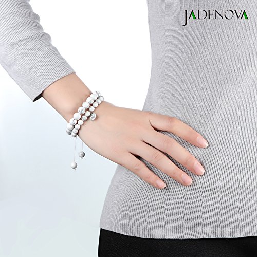 Jadenova 6/8Mm Natural White Howlite Gemstone Bracelets Round Beads Stretch Bracelet Adjustable Beaded Bracelet Couple Distance Bracelets Unisex (2Pcs Bracelet Set) #TOP4