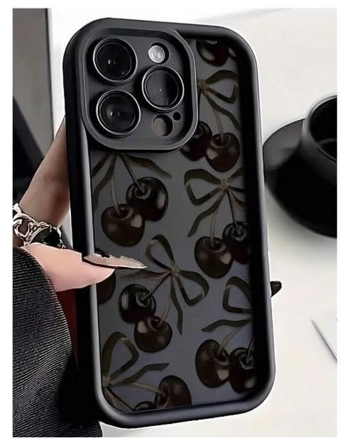 Image of COVERLY Cute Cherry BowKnot Back Case Cover for iPhone 12 Pro | Hot Midnight Black Ribbon Bow Fruit Design | Camera Lens Protection | Soft Silicone Aesthetic Cover for Girls & Women (Black,Shockproof)