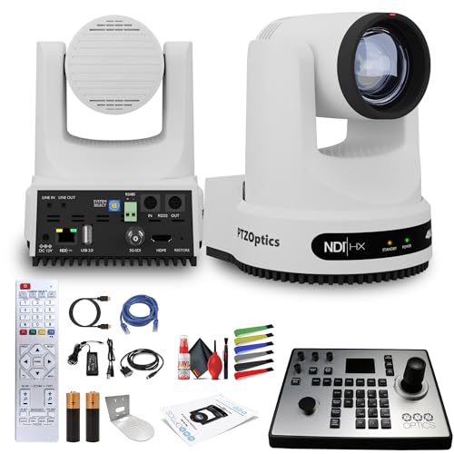 PTZOptics Move 4K SDI/HDMI/USB/IP PTZ Camera with 20x Optical Zoom (White) (PT20X-4K-WH-G3) + Joystick Controller + Universal Wall Mount + Lens Cleaning Kit + Ethernet Cable + Color Wire Ties