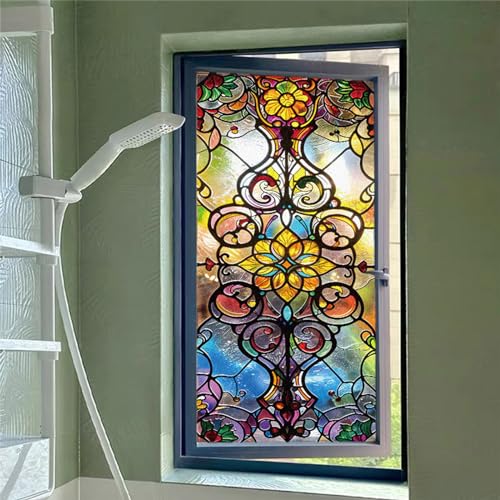 WBQMUNY Stained Glass Window Film,Window Privacy Film Privacy Decorative Tinting Film for Home Frosted Bathroom Window Coverings Static Cling Non-Adhesive 17.5