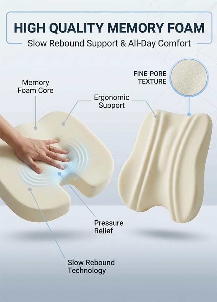 Lumbar Support Pillow & Seat Cushion for Office Chairs with Adjustable Strap, Memory Foam Back Support for Office Desk Chair Cushion, Chair Seat Cushions for Car, Travel and Wheelchair (Grey)
