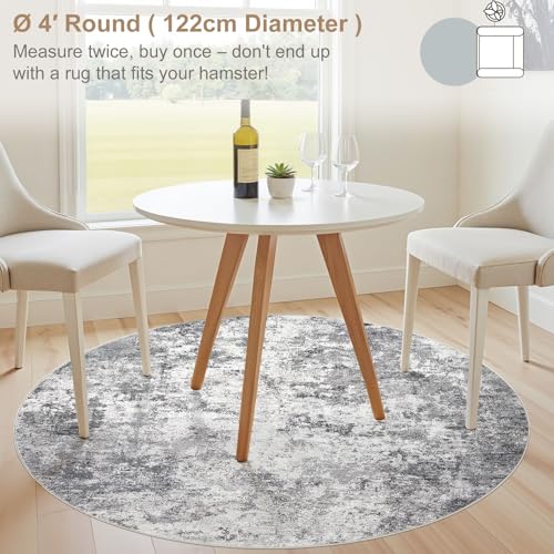 4ft Round Area Rug Living Room Rugs - 4x4 Washable Neutral Modern Abstract Soft Thin Rug Indoor Floor No Slip Rug Carpet for Bedroom Under Dining Table Home Office Decor - Grey