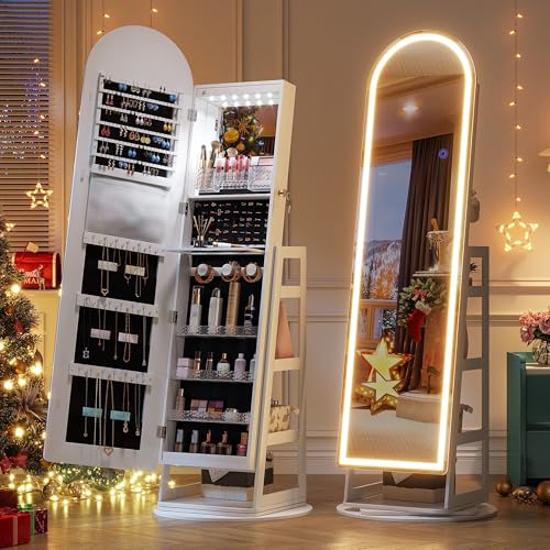 LVSOMT LED 360° Giratorio Espejo Joyero de Pie, Madera Armario Joyero con Espejo, Espejo Joyero con Bloqueable, Espejo de Pie Cuerpo Entero Joyero con 3 luces colors, Regalos para mujes, blanco