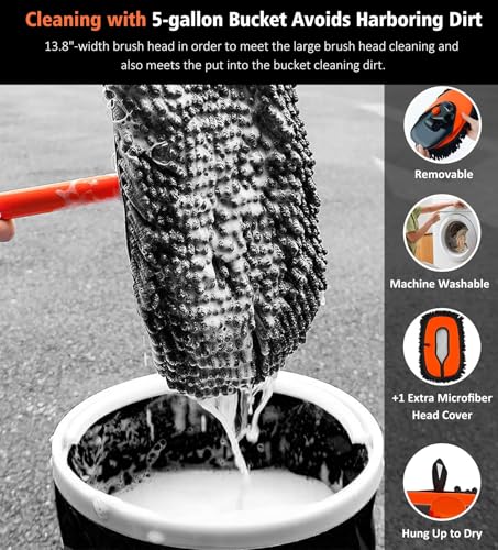 YeewayVeh 55\" Car Wash Brush Mop with Long Handle, 15 Degree Curved Extendable Car Wash Brush with Extra Microfiber Mop Head, Soft Car Washing Brushes with Storage Bag for Truck SUV Cleaning, Orange - Thumbnail 3