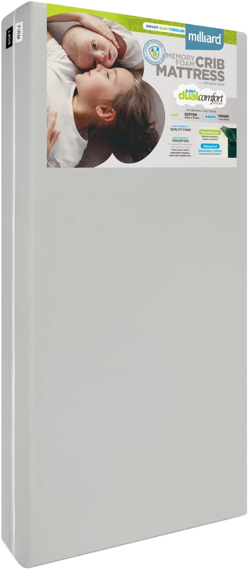 Milliard Memory Foam Crib Mattress, 2022 Edition, Flip Technology, Firm