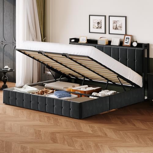 IDEALHOUSE King Bed Frame with Lift Up Storage, Upholstered Velvet