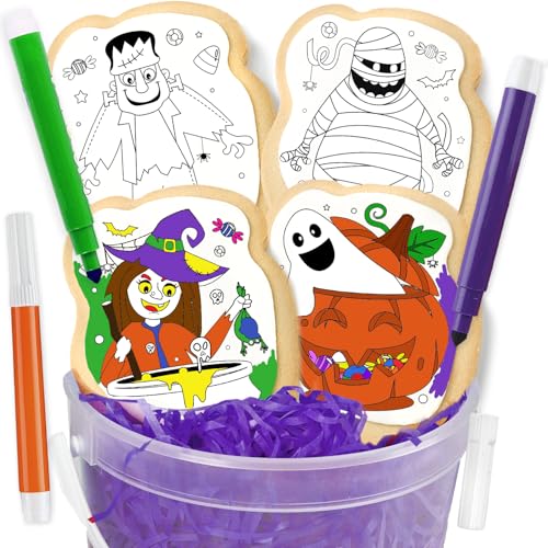 Halloween Cookies Decorating Kit Coloring Gift For Kids Food | 4 Jumbo Cookies + 3 Edible Markers | Individually Wrapped | Pumpkin Ghost Witch Mummy Holiday Fall Activities Fun