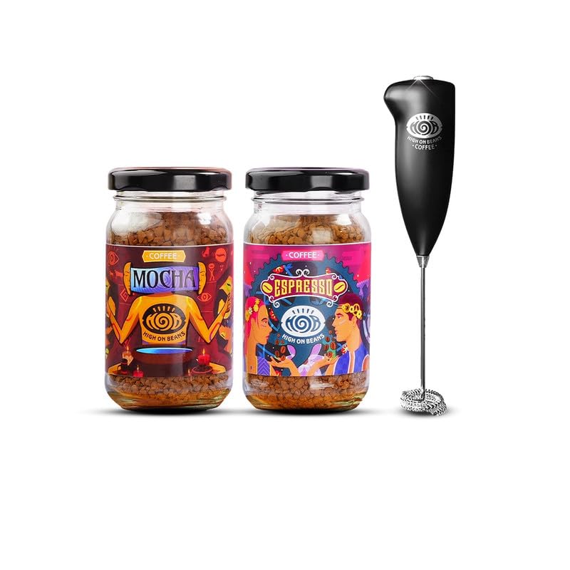 High on Beans Instant Coffee Powder Combo Mocha & Espresso Flavoured Beans with Frother, Pack of 2 x 50g, Arabica, Freeze-dried (B0CRPCBLV2) Amazon Price History, Amazon Price Tracker
