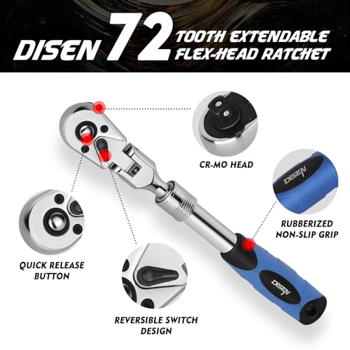 Disen 3/8 Inch Drive Extendable Ratchet,72-Tooth Flex-Head Ratchet Wrench With Quick Release Locking,Soft-Grip With Reversible Switch,Full-Polished Chrome Plating thumb #1