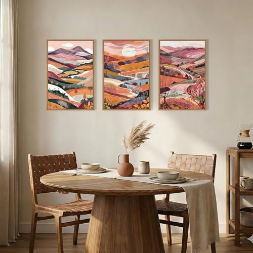 Image of KAIRNE Boho Colorful Mountain Framed Canvas Wall Art Set,Abstract Pink Landscape Wall Decor,Watercolor Forest Art Prints,Nature Scenery Artwork for Living Room,Bedroom,Farmhouse,Office-16 x24 x3