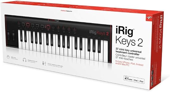 IK Multimedia iRig Keys 2 portable keyboard MIDI controller with 37 velocity-sensitive synth-action mini keys and headphone output, for iPhone, iPad, Mac, PC, Android