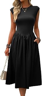 Womens Casual Cap Sleeve Midi Dress Crewneck Swing Flowy Empire Waist Long Dress 2025 Summer Trendy Outfits - Buy now