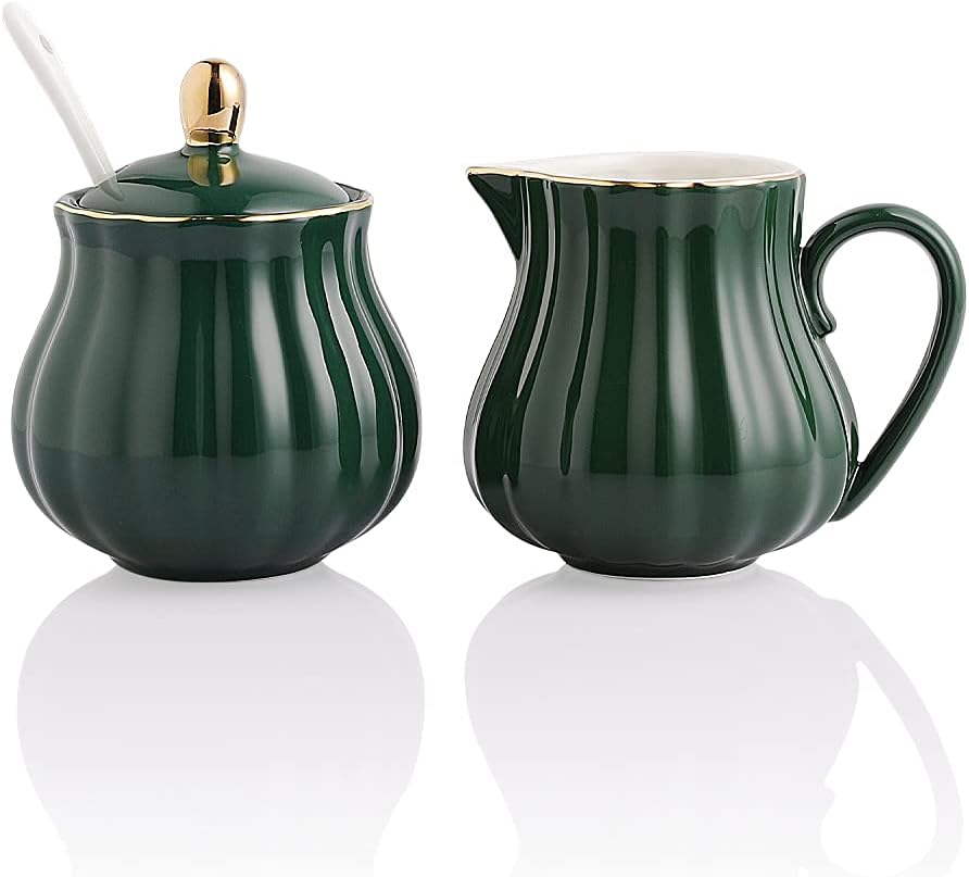 Sweejar Royal Ceramic Sugar and Creamer Set, 3 Piece Set with Cream Pitcher, Sugar Bowl, Sugar Set with Lid & Spoon, Coffee Serving Set Wedding Gift (Jade)