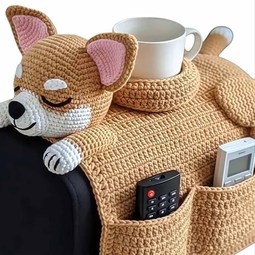 QFFYFZAL Crochet Cat Sofa Arm Organizer Cute Puppy Sofa Armrest Organizer Cute Cozy No-Slip Mug Holder Handmade Cat Shaped Armchair for Remote Phone Treats Cup
