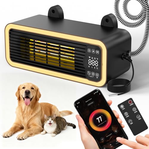 1200W Dog House Heater with Thermostat WIFI Control, Dog Heaters for Outside Doghouse Chicken Coop, Greenhouse, Outdoor Pet Heater with 6.6FT External Temperature Probe and Anti-chew Cable