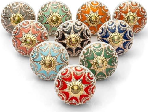 Image of Craft Trade Pack of 10 Round Golden Printed Ceramic Cabinet Knobs - Multicolor