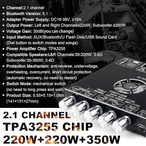 Image of DHRUVPRO ZK-AS21 220W*2+350W 2.1 Bluetooth Power Amplifier Board with TPA3255 Chip, 18V-36V Bluetooth Speaker Audio Amplifier Module