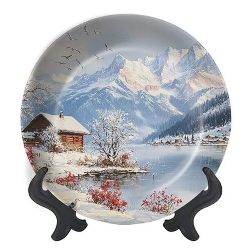 Decorative Plates for Display Farmhouse White Modern Snow Covered Cabin Majestic Mountains Tranquil Gift Plates Ceramic Collections Plates Hanging Artwork for Living Dining Room Kitchen Souvenir
