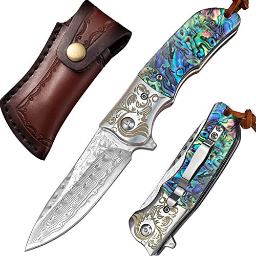 edcfans Damascus Pocket Knife, Handmade EDC Folding Knives with Abalone Shell Handle, Ball Bearing Pivot, Locking Liner, Sheath & Pocket Clip for Everyday Carry, Cool Knives for Outdoor Camping