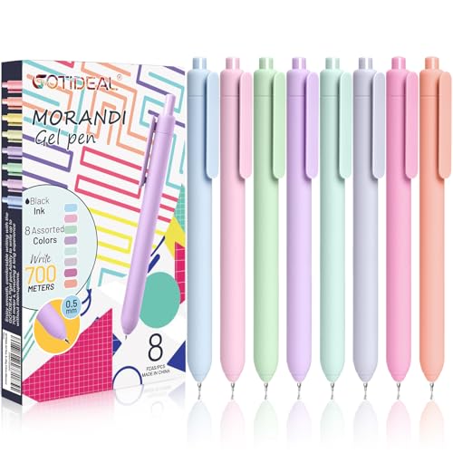 GOTIDEAL Bolígrafos de gel, 8 bolígrafos de tinta negra de secado rápido de 0.5 mm, bolígrafo de escritura suave de punta fina, sin sangrado ni manchas, bolígrafos estéticos retráctiles para diario