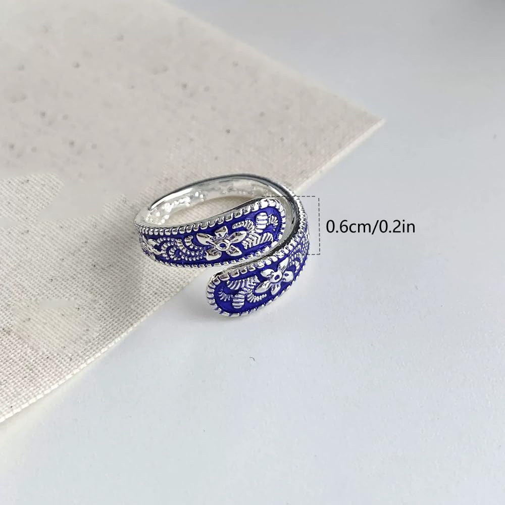 Dtja Vintage Embossed Flower Stacking Statement Ring for Women Adjustable Expandable Boho Floral Leaf Pattern Open Wrap Finger Rings Bohemian Holiday Festival Accessories Jewelry - Image 6