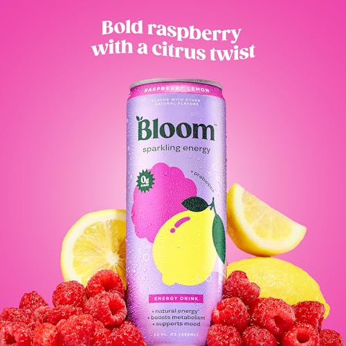 Image of Bloom Nutrition Sparkling Energy Drink for Focus, Natural Caffeine, Zero Sugar, 180mg Caffeine, Antioxidant-Rich with Green Coffee Bean, Green Tea Extract, & Prebiotics, Raspberry Lemon 12oz 24 Pack