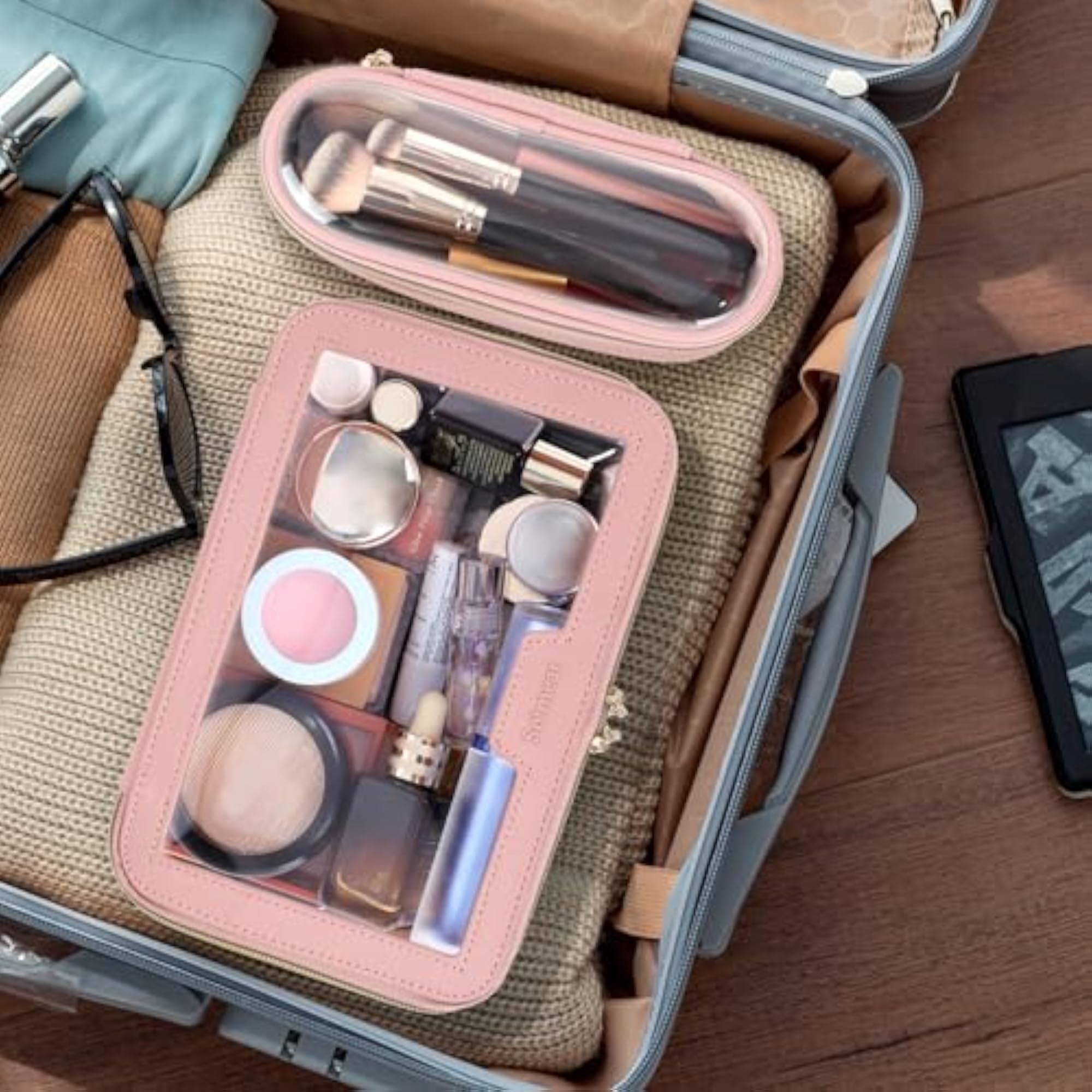 Travel Clear Makeup Bag with Brush Holder, Leather Case