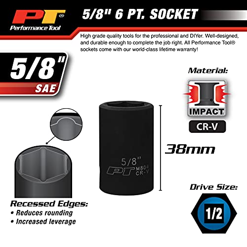 Performance Tool M804 1/2 Dr. 5/8 6-Point Impact Socket #TOP4