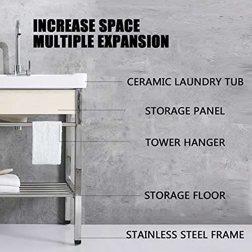 Laundry Sink,Utility Sink Ceramic Basin,Stainless Steel Bracket Ceramic Sink,Utility Sink With Bracket And Drain Kit For Laundry Room,Outdoor And Indoor,Garage, Basement,Hotel Restaurant ( Size : 36"( #TOP2