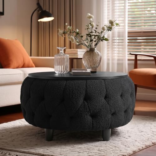 gusohey Large Round Storage Ottoman Coffee Table with Wooden Tabletop, 32 Inches Teddy Fleece Tufted Ottoman for Living Room, Bedroom, Apartments (Black)