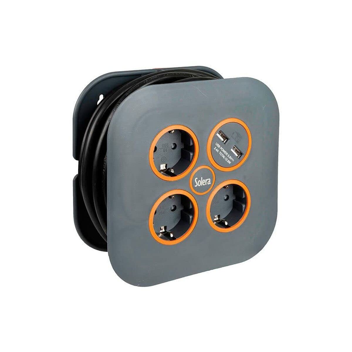 Enrollacables con 3 bases 2P+T y 2 USB Solera ideal para organizar el cableado del jardín