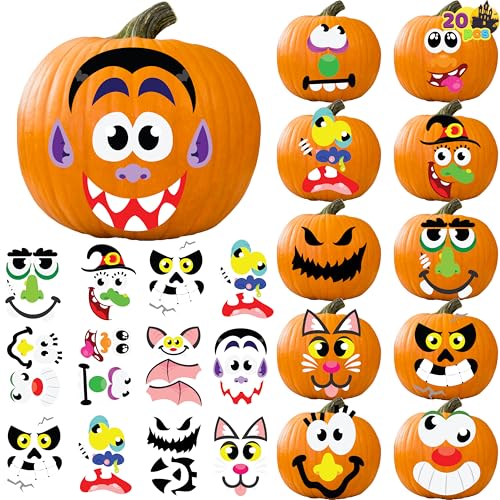 JOYIN 20 Pcs Halloween Pumpkin Decorating Stickers, Halloween Party Favor for Kid, Art Craft Party Supplies, Jack-O-Lantern Face Sticker Sheets in 12 Designs, Classroom Activities Treat Games Goodies