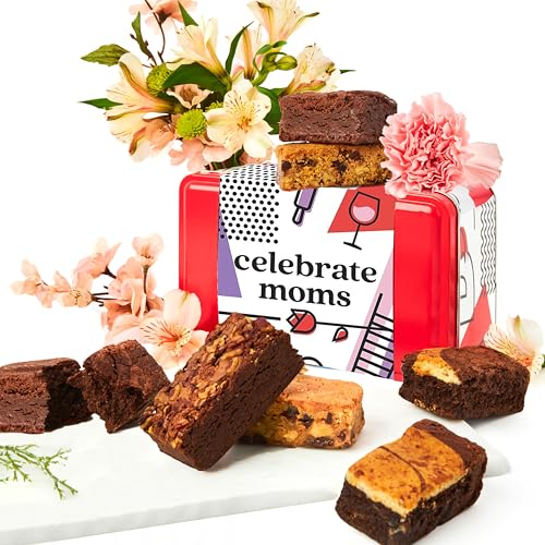 David’s Cookies Mother’s Day Brownies Gift Tin – 6 Individually Wrapped Assorted Fudgy Chocolate Brownie Slices – Gourmet Dessert Sweet Sampler Gift Box for Mom, Sweet Bakery Treat for Her