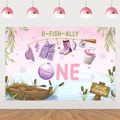 SHADOAMP Ofishally One Birthday Themed Backdrop 5x3ft First Fishing Birthday Decoration Banner Vinyl Background for Girls Gone Fishing 1st One Year Old Bday Photography Props Party Supplies by SHADOAMP - Used condition - US$8.50