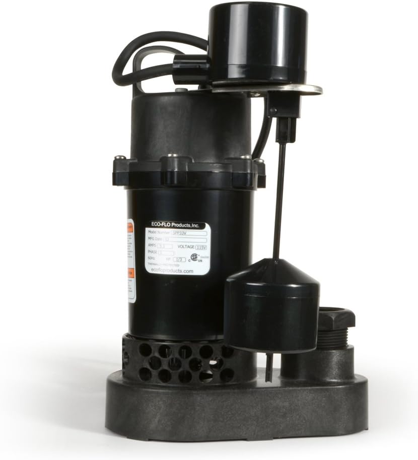 ECO-FLO Products SPP33V Thermoplastic Sump Pump with Vertical Switch, 1/3 HP, 3,600 GPH