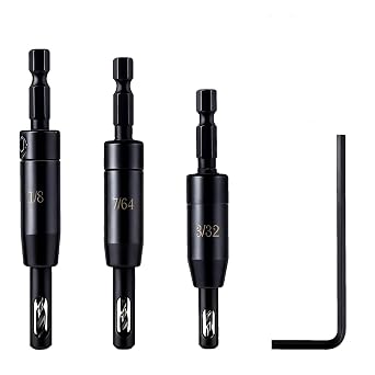 Self Centering Drill Bit Set, 1/4 Inch Hex Shank HSS VIX Bit Set with Hex Key, 3/32", 7/64", 1/8" Hinge Center Drill Bits for Precise Cabinet and Door Hinge Installation 3-Piece