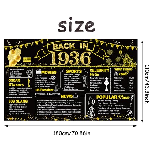 Image of DARUNAXY 90th Birthday Black Gold Party Decoration, Back in 1936 Banner 90 Year Old Birthday Party Poster Supplies, 6x3.6ft Large Fabric Vintage 1936 Backdrop Photography Background for Men and Women