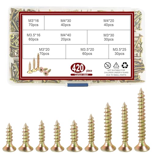 420Pcs Self Tapping Wood Screws Assortment Kit, Self Drilling Screws M3/M3.5/M4 Countersunk Wood Screws Cross Flat Head Countersunk Zinc-Plated Screws for Homemade Repairment Furniture Woodwork Indoor