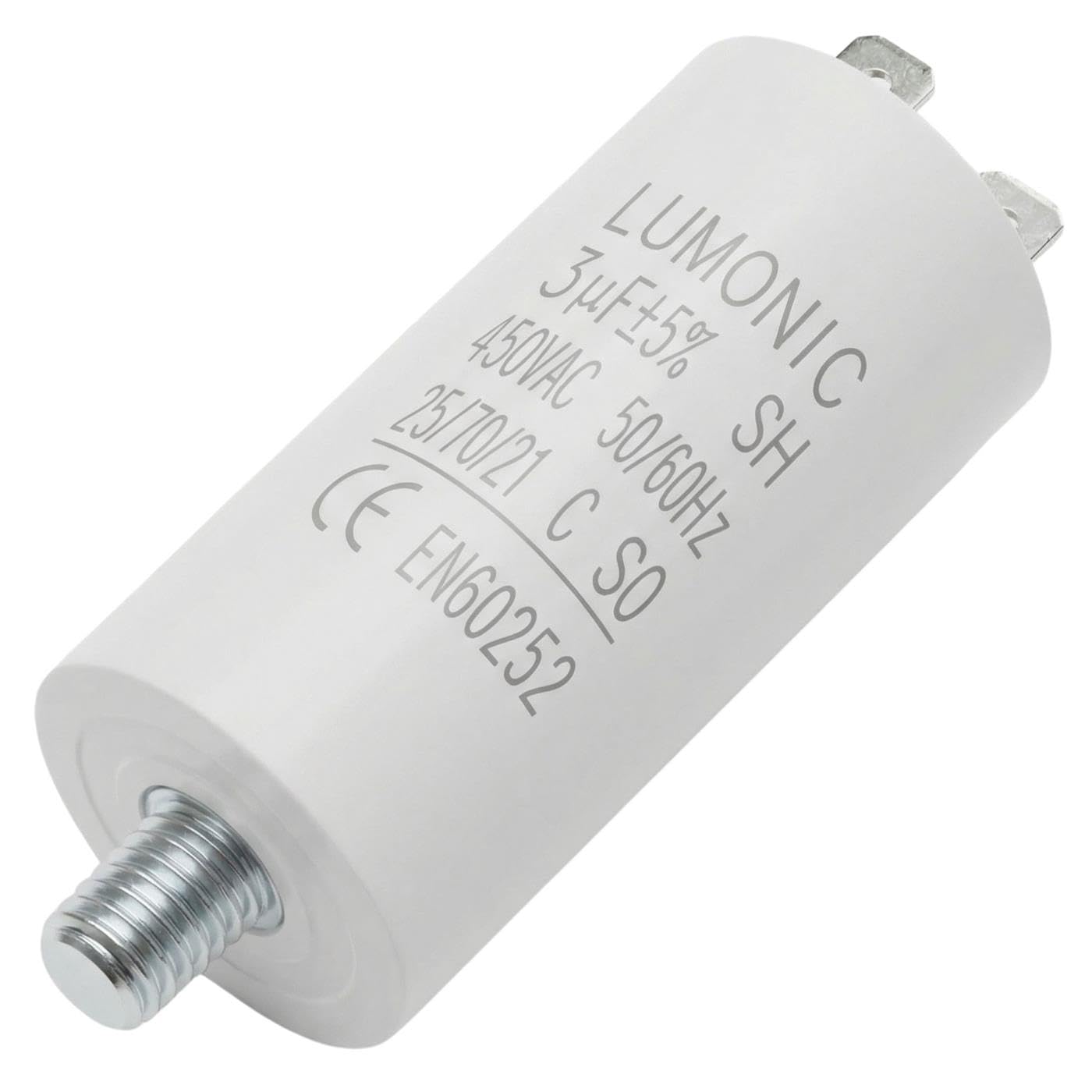Lumonic Kondensator rozruchowy 3µF 450V | z WtyczkaX I 26x55mm I 3uF I Kondensator silnikowy z plastikowa obudowa I Kondensator operacyjny I do pomp, kosiarek, narzedzi