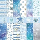 Konsait 24 sheets Winter Scrapbook Paper 12x12, Double Sided Blue Snowflake Patterned Paper Christmas Cardstock Snowflake Winter Origami Papers for DIY Crafts Card Making Scrapbook Supplies