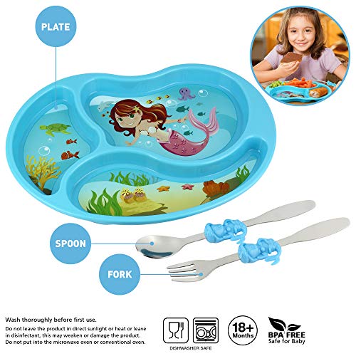 Kids Divided Plate With Utensils - Children's Meal Set With Plate, Fork And Spoon - Mermaid #TOP1