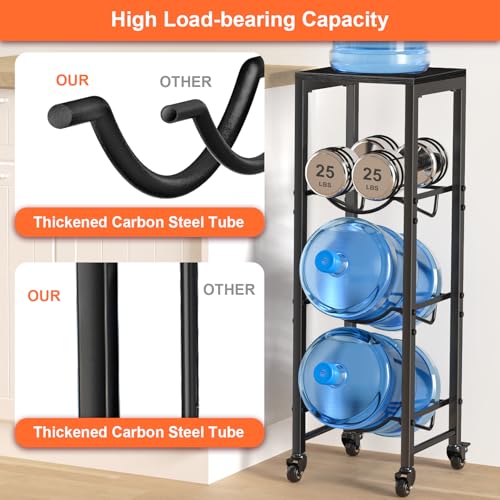 Image of 5 Gallon Water Bottle Jug Holder 3-Tier Organizer with Lockable Casters Heavy Duty Storage Rack Dispenser Stand With Wood Top Shelf for Kitchen Office Garage Black