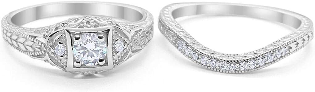 Blue Apple Co. Art Deco Vintage Style Two Piece Wedding Engagement Bridal Set Ring Band Round CZ 925 Sterling Silver Choose Color