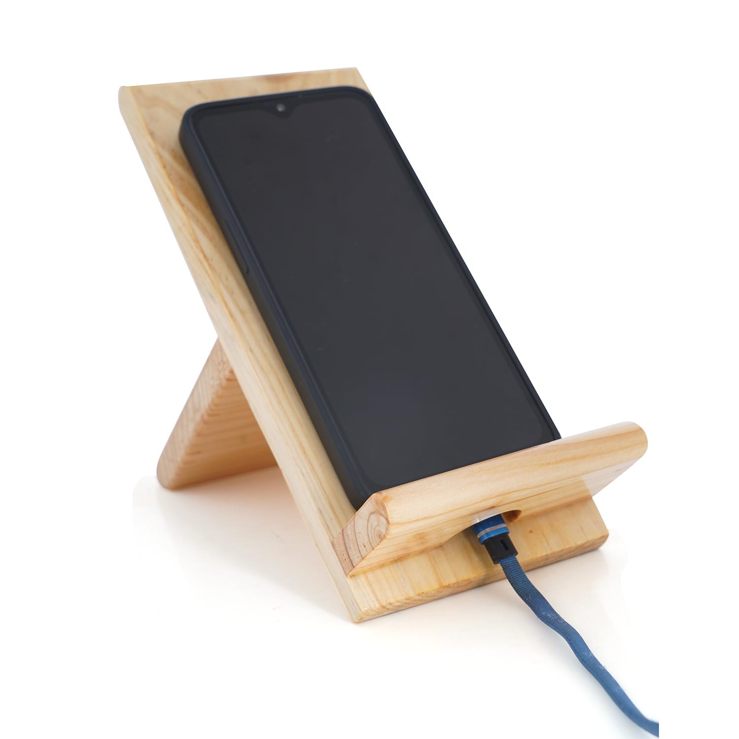 Wooden Mobile Stand – Wooden Portable Mobile Stand for Table – Cell Phone Stand for All Smart Phones and iPhone - Mobile Holder with Plug Socket (Standard)