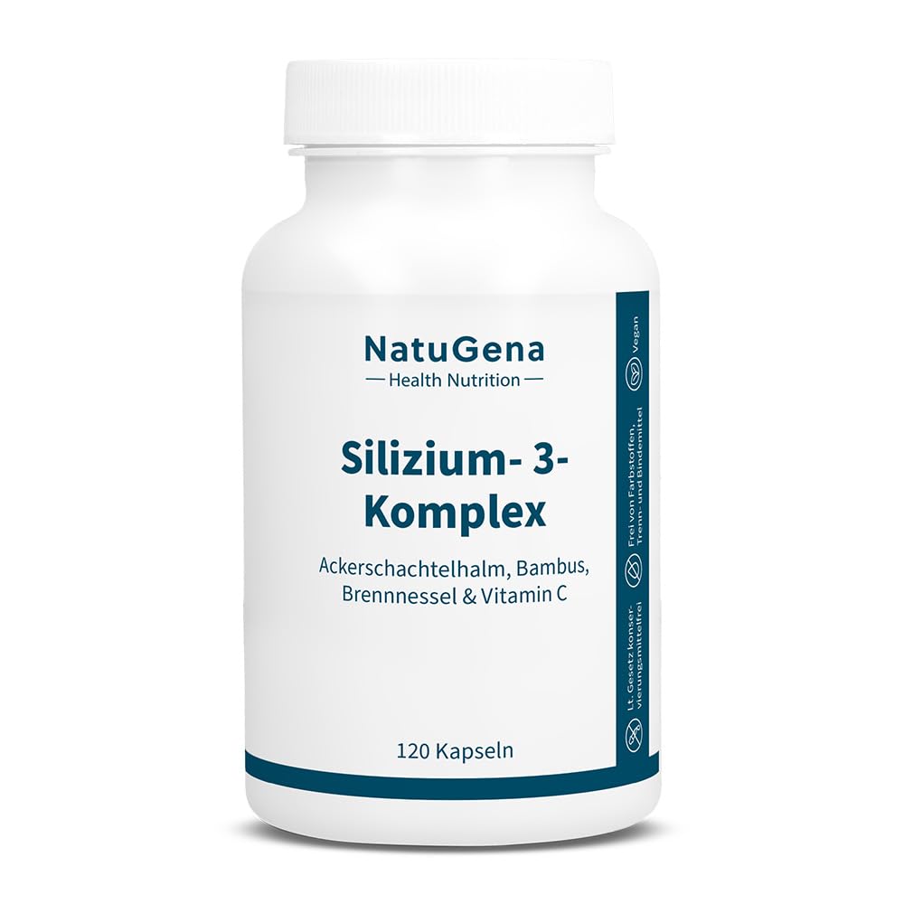 NatuGena Silizium-3-Komplex Ackerschachtelhalm/Bambus/Brennnessel + Vitamin C / 120 Kapseln HPMC 0 (60-Tage-Packung)