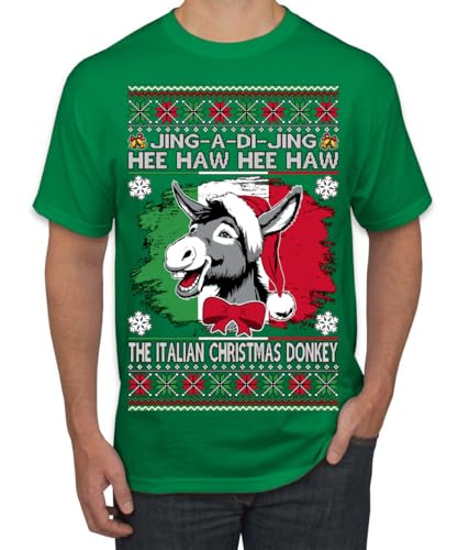 Jing a Di Jing Dominick The Italian Christmas Donkey, Classic New York Brooklyn Xmas Song Lyrics Ugly Christmas Sweater Men's T-Shirt, Kelly, Medium